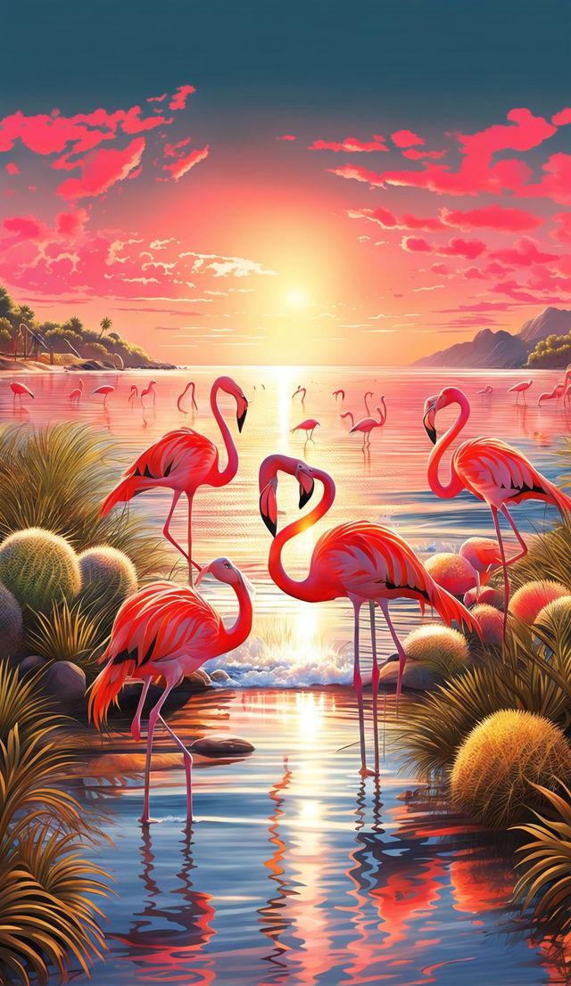 A 1920x1080 frame of a beach view with a radiant sun, shimmering water, elegant flamingos, and detailed cacti.