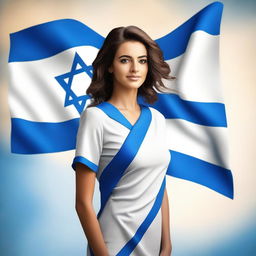 A high-quality digital art image of an attractive woman holding an Israeli flag