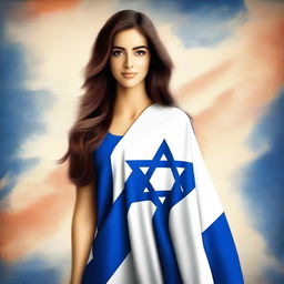 A high-quality digital art image of an attractive woman holding an Israeli flag