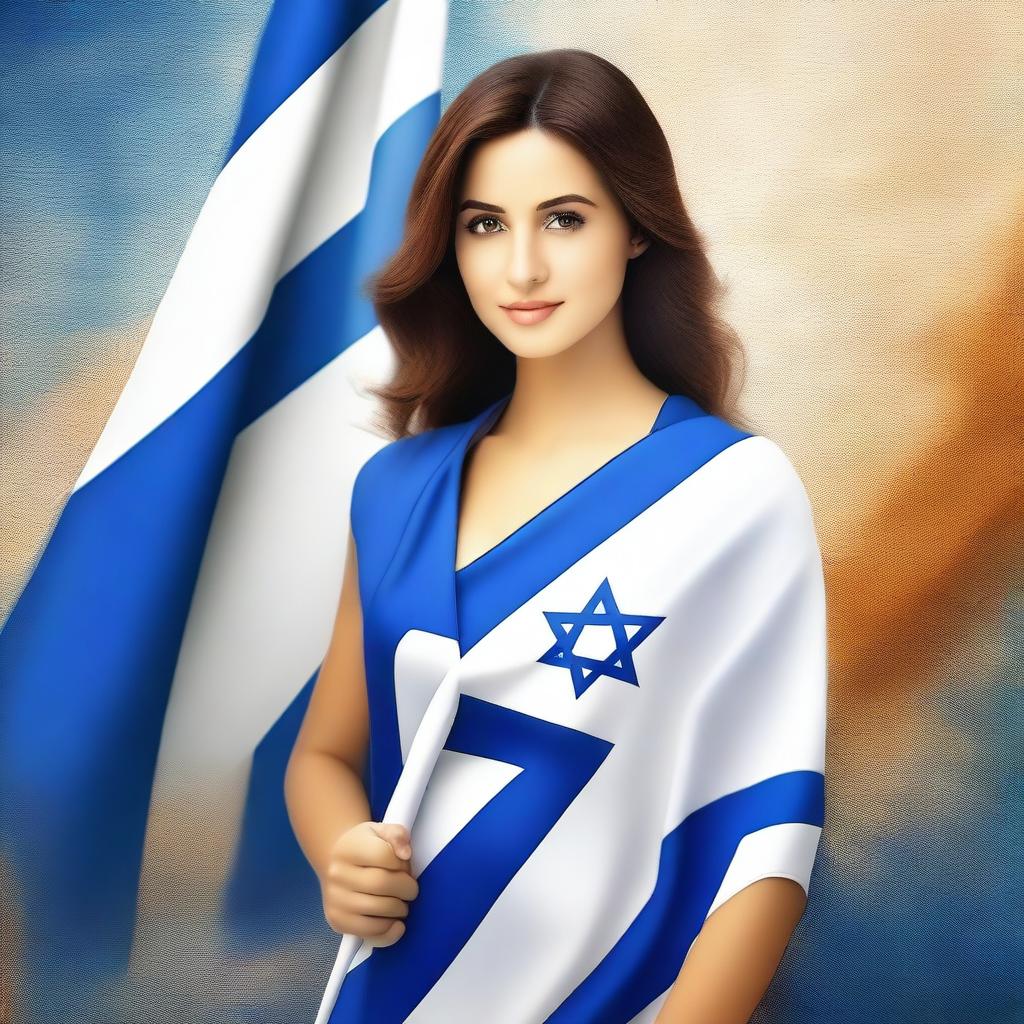 A high-quality digital art image of an attractive woman holding an Israeli flag