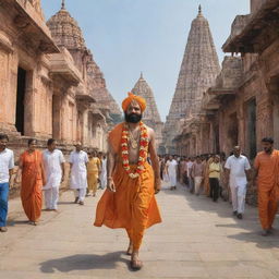 Shri Ram, in royal attire, strolling through the vibrant streets of Ayodhya, with its characteristic architecture and lively citizens.