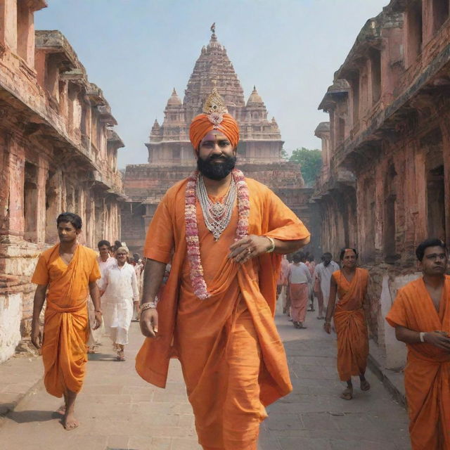 Shri Ram, in royal attire, strolling through the vibrant streets of Ayodhya, with its characteristic architecture and lively citizens.