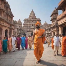 Shri Ram, in royal attire, strolling through the vibrant streets of Ayodhya, with its characteristic architecture and lively citizens.