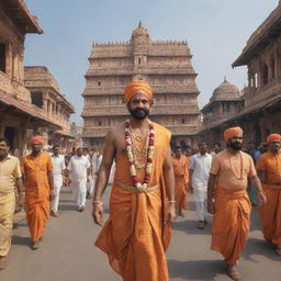 Shri Ram, in royal attire, strolling through the vibrant streets of Ayodhya, with its characteristic architecture and lively citizens.