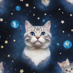 A universe themed around cats with galaxies forming the shapes of playful felines, glittering deep-space littered with twinkling fish-shaped stars and cat-faced moons.