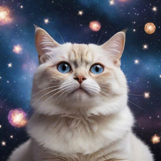 A universe themed around cats with galaxies forming the shapes of playful felines, glittering deep-space littered with twinkling fish-shaped stars and cat-faced moons.