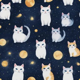 A universe themed around cats with galaxies forming the shapes of playful felines, glittering deep-space littered with twinkling fish-shaped stars and cat-faced moons.