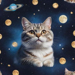 A universe themed around cats with galaxies forming the shapes of playful felines, glittering deep-space littered with twinkling fish-shaped stars and cat-faced moons.