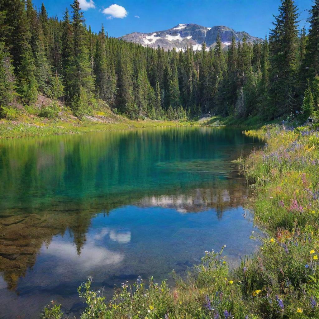 A serene scene of the wilderness with tall, verdant trees under a vibrant blue sky, a crystal clear lake reflecting the scene, and a carpet of colorful wildflowers lending an array of hues