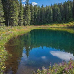 A serene scene of the wilderness with tall, verdant trees under a vibrant blue sky, a crystal clear lake reflecting the scene, and a carpet of colorful wildflowers lending an array of hues