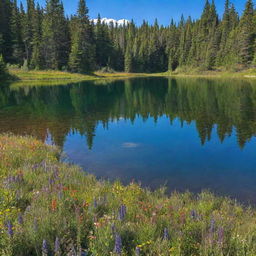 A serene scene of the wilderness with tall, verdant trees under a vibrant blue sky, a crystal clear lake reflecting the scene, and a carpet of colorful wildflowers lending an array of hues