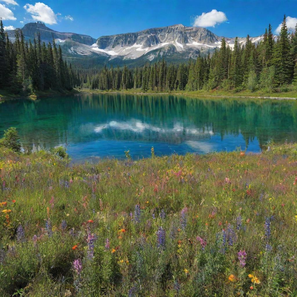 A serene scene of the wilderness with tall, verdant trees under a vibrant blue sky, a crystal clear lake reflecting the scene, and a carpet of colorful wildflowers lending an array of hues