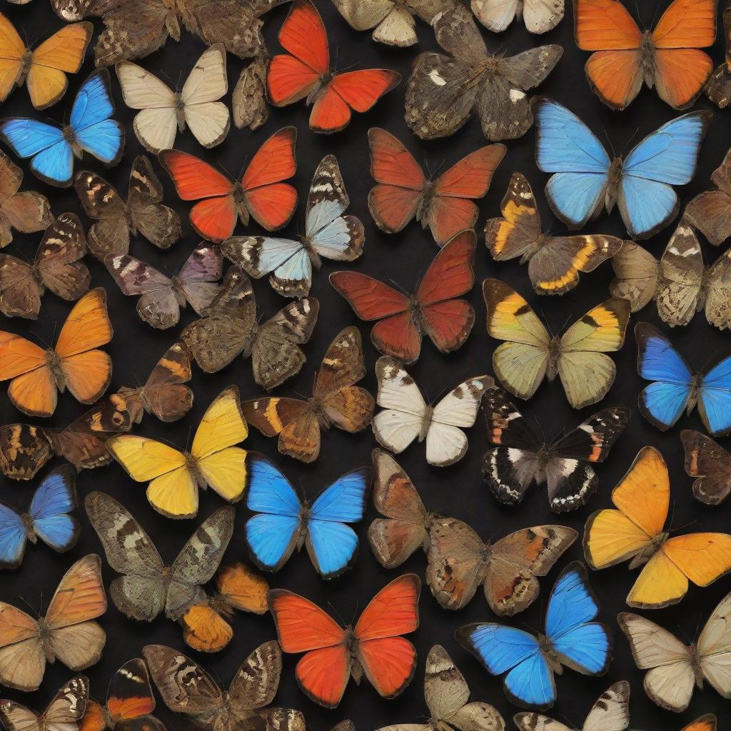 A highly detailed and colorful assortment of Lepidoptera (butterflies and moths) in their natural habitat, showcasing a variety in size, pattern, and color.