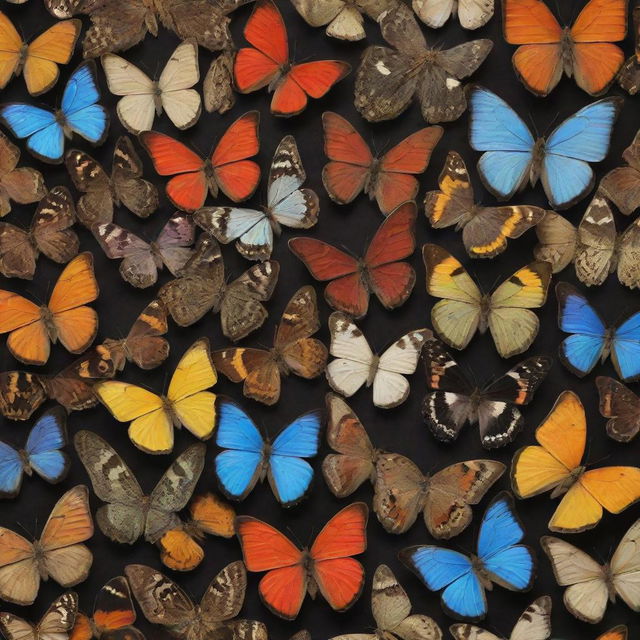 A highly detailed and colorful assortment of Lepidoptera (butterflies and moths) in their natural habitat, showcasing a variety in size, pattern, and color.