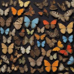 A highly detailed and colorful assortment of Lepidoptera (butterflies and moths) in their natural habitat, showcasing a variety in size, pattern, and color.