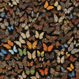 A highly detailed and colorful assortment of Lepidoptera (butterflies and moths) in their natural habitat, showcasing a variety in size, pattern, and color.