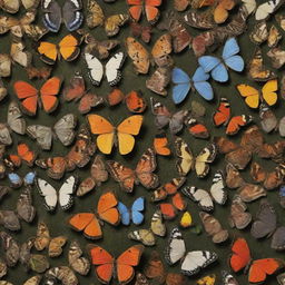 A highly detailed and colorful assortment of Lepidoptera (butterflies and moths) in their natural habitat, showcasing a variety in size, pattern, and color.