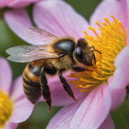 A close-up, highly-detailed image of a bee, its stripes vivid and distinguishable, wings shimmering, surrounded by blossoming flowers with morning dew.