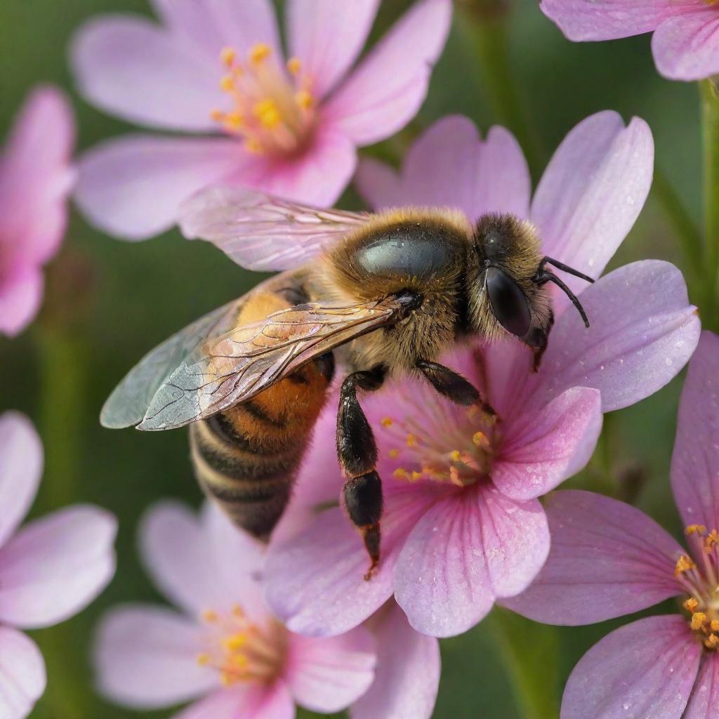 A close-up, highly-detailed image of a bee, its stripes vivid and distinguishable, wings shimmering, surrounded by blossoming flowers with morning dew.