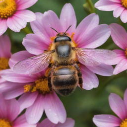 A close-up, highly-detailed image of a bee, its stripes vivid and distinguishable, wings shimmering, surrounded by blossoming flowers with morning dew.