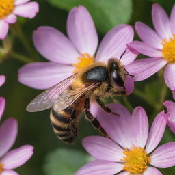 A close-up, highly-detailed image of a bee, its stripes vivid and distinguishable, wings shimmering, surrounded by blossoming flowers with morning dew.