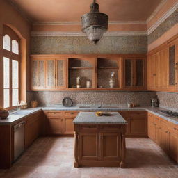 A 3x3 meter Moroccan kitchen, elegantly designed with traditional Moroccan tiles, warm colored cupboards, a central island, and unique Moroccan light fixtures.