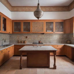 A 3x3 meter Moroccan kitchen, elegantly designed with traditional Moroccan tiles, warm colored cupboards, a central island, and unique Moroccan light fixtures.