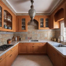 A 3x3 meter Moroccan kitchen, elegantly designed with traditional Moroccan tiles, warm colored cupboards, a central island, and unique Moroccan light fixtures.