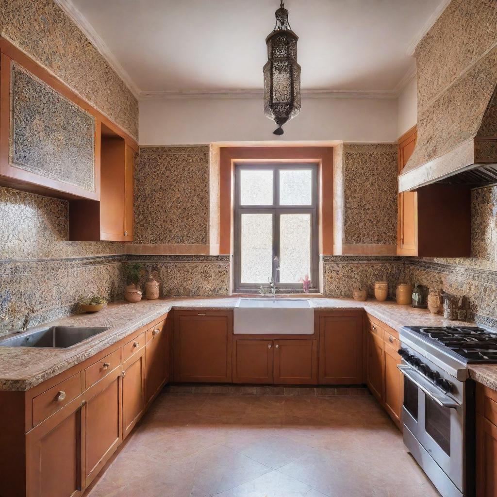 A 3x3 meter Moroccan kitchen, elegantly designed with traditional Moroccan tiles, warm colored cupboards, a central island, and unique Moroccan light fixtures.