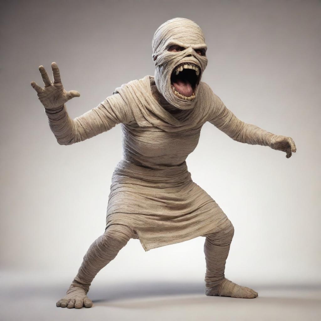 A mummy character in a dynamic pose, aggressively roaring or shouting.