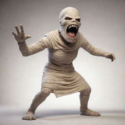 A mummy character in a dynamic pose, aggressively roaring or shouting.