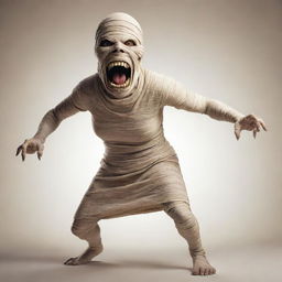 A mummy character in a dynamic pose, aggressively roaring or shouting.