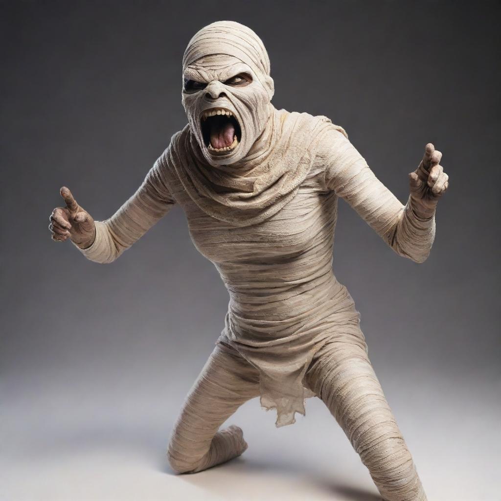 A mummy character in a dynamic pose, aggressively roaring or shouting.