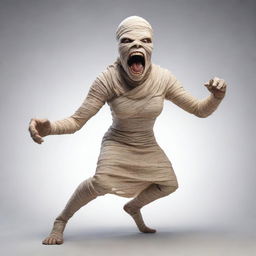 A mummy character in a dynamic pose, aggressively roaring or shouting.