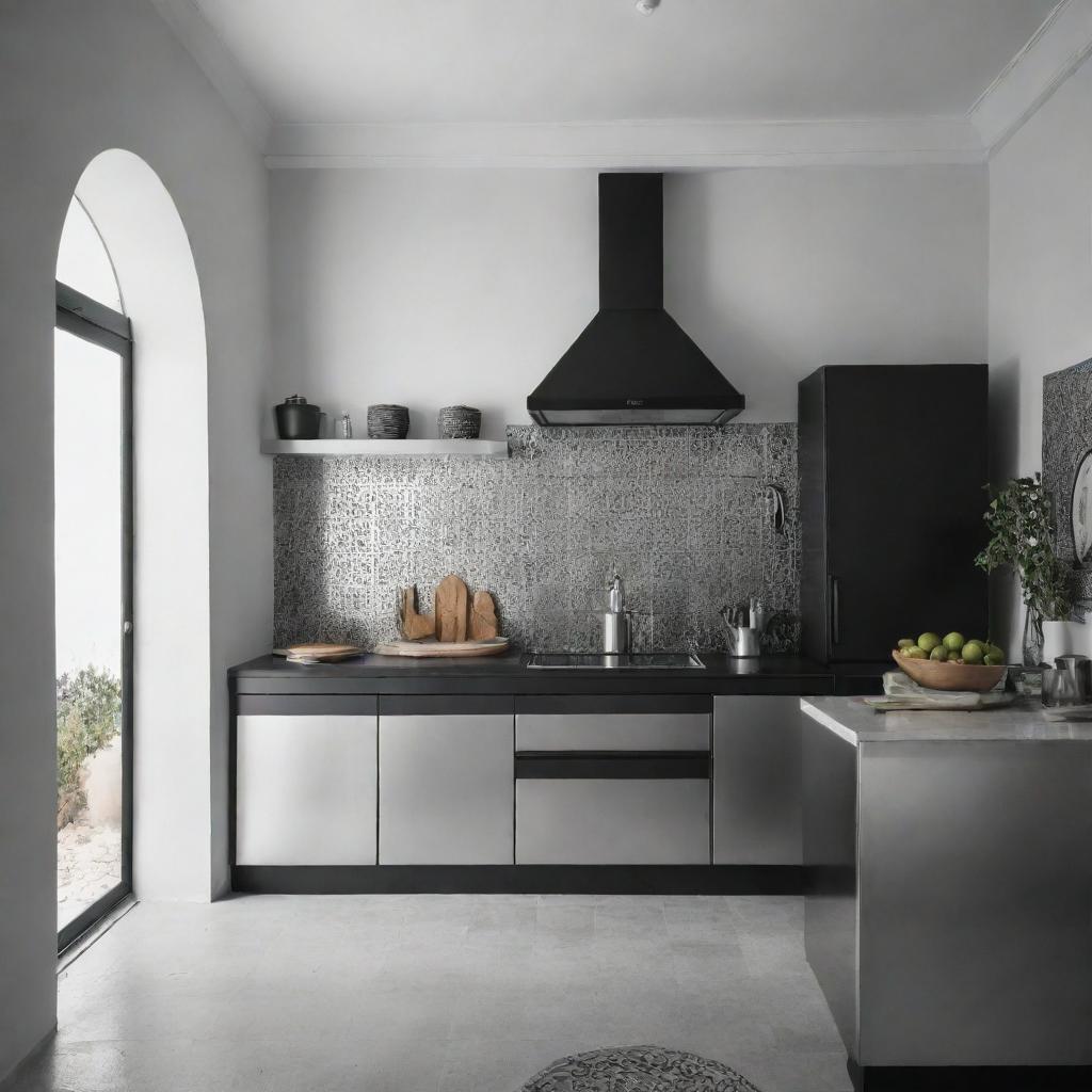 A modern 2024 Moroccan kitchen made of aluminium in monochromatic tones of black and white.