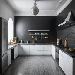 A modern 2024 Moroccan kitchen made of aluminium in monochromatic tones of black and white.