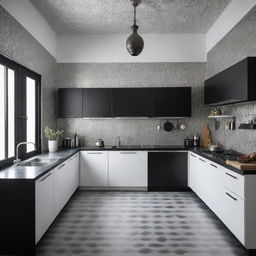 A modern 2024 Moroccan kitchen made of aluminium in monochromatic tones of black and white.