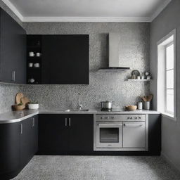 A modern 2024 Moroccan kitchen made of aluminium in monochromatic tones of black and white.