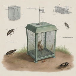 A highly detailed illustration of an insect trap, focusing on its unique features and functionality, from the trapping mechanism to the baiting system.