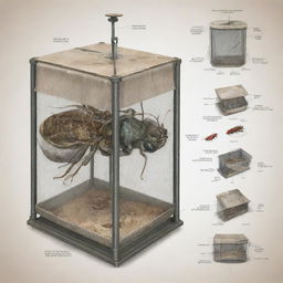 A highly detailed illustration of an insect trap, focusing on its unique features and functionality, from the trapping mechanism to the baiting system.