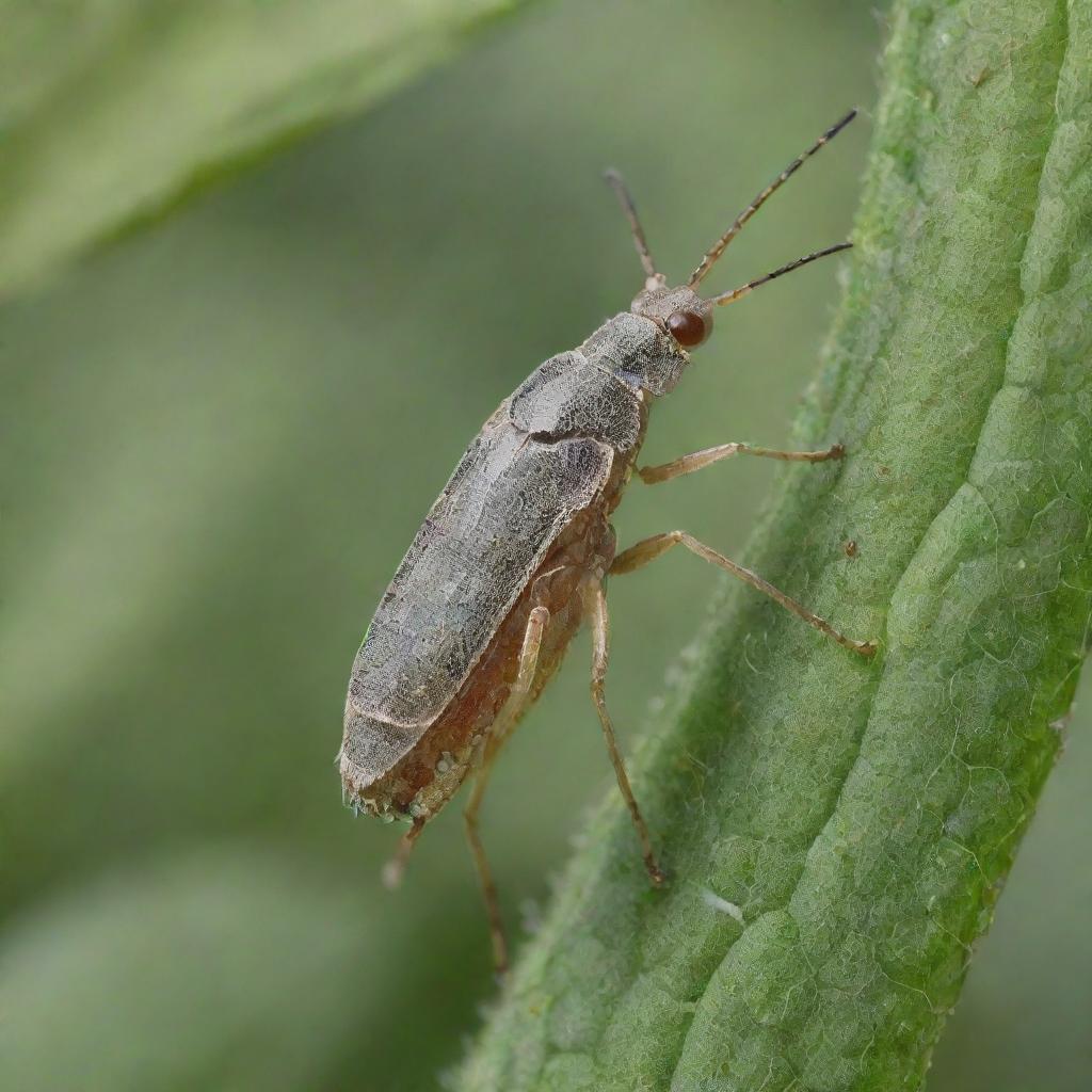 A highly detailed and magnified illustration of an Aphid amidst plant life, showcasing its distinct features, color, and texture.