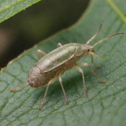 A highly detailed and magnified illustration of an Aphid amidst plant life, showcasing its distinct features, color, and texture.