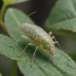 A highly detailed and magnified illustration of an Aphid amidst plant life, showcasing its distinct features, color, and texture.