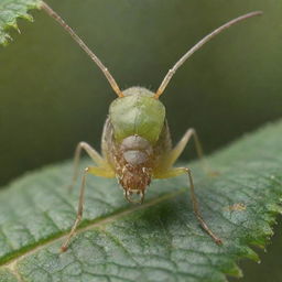 A highly detailed and magnified illustration of an Aphid amidst plant life, showcasing its distinct features, color, and texture.