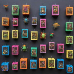 A vibrant display of various colorful insect traps designed with ingenuity and creativity, each trap showcasing its unique mechanism.