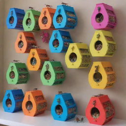 A vibrant display of various colorful insect traps designed with ingenuity and creativity, each trap showcasing its unique mechanism.