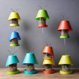 A vibrant display of various colorful insect traps designed with ingenuity and creativity, each trap showcasing its unique mechanism.