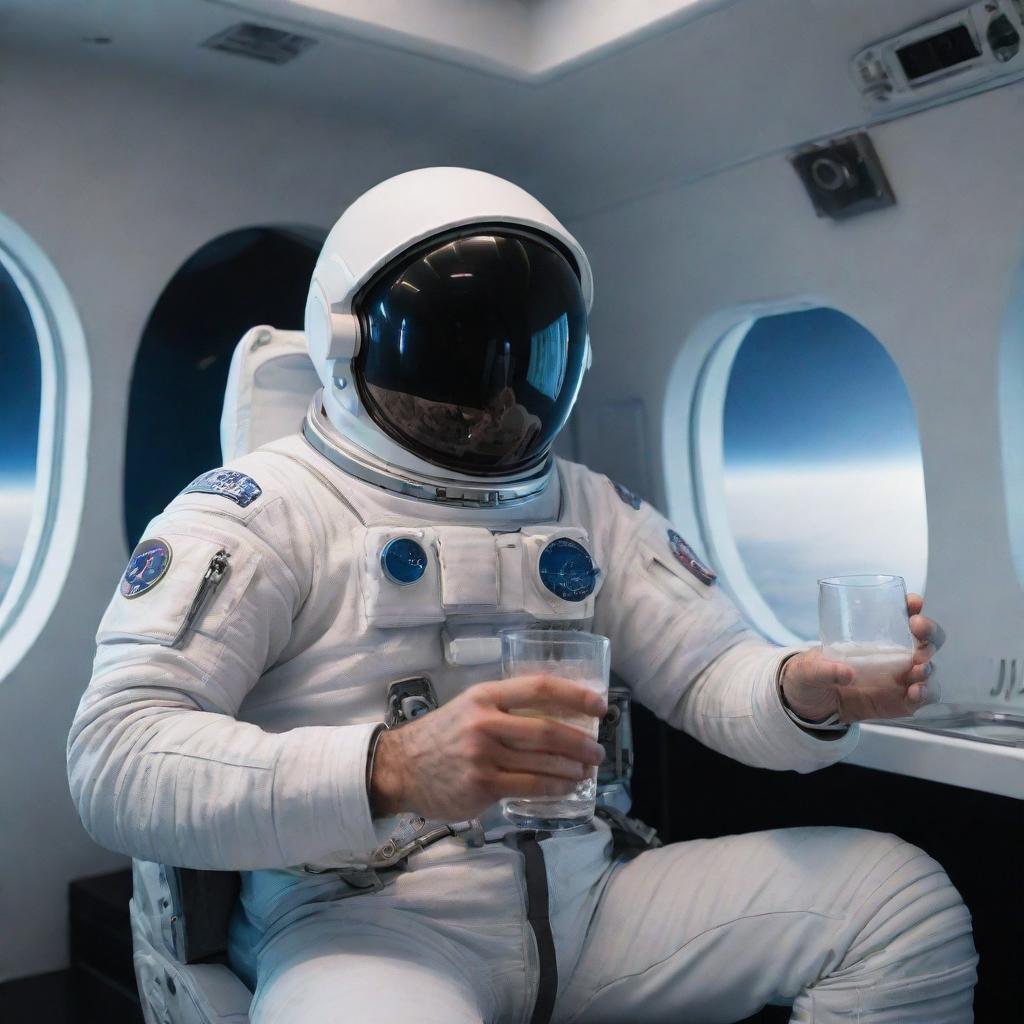 A highly detailed imagery of a faceless Turkish astronaut enjoying a glass of Raki, inside a high-tech spaceship, surrounded by the infinite expanse of space.