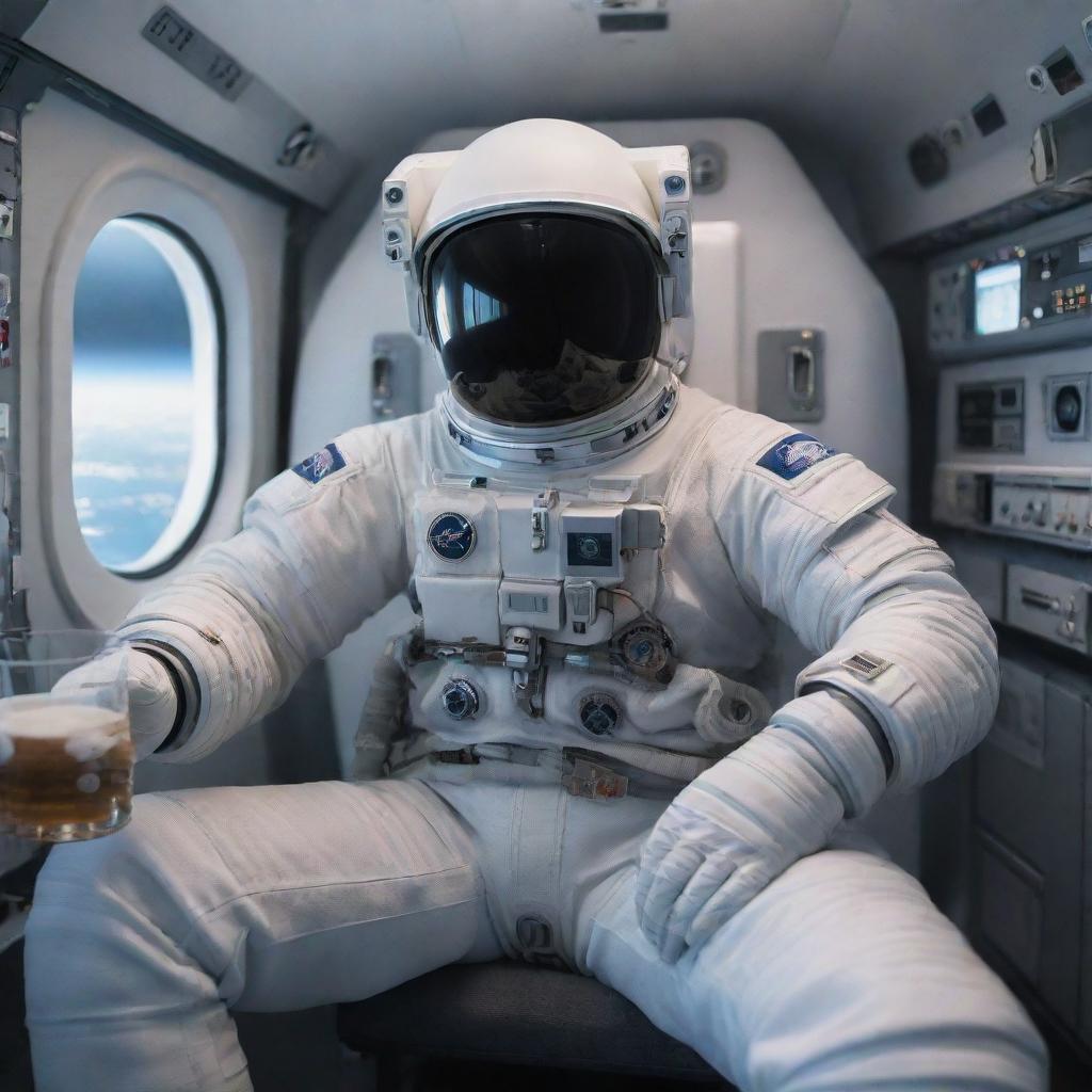 A highly detailed imagery of a faceless Turkish astronaut enjoying a glass of Raki, inside a high-tech spaceship, surrounded by the infinite expanse of space.