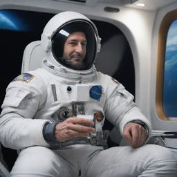 A highly detailed imagery of a faceless Turkish astronaut enjoying a glass of Raki, inside a high-tech spaceship, surrounded by the infinite expanse of space.